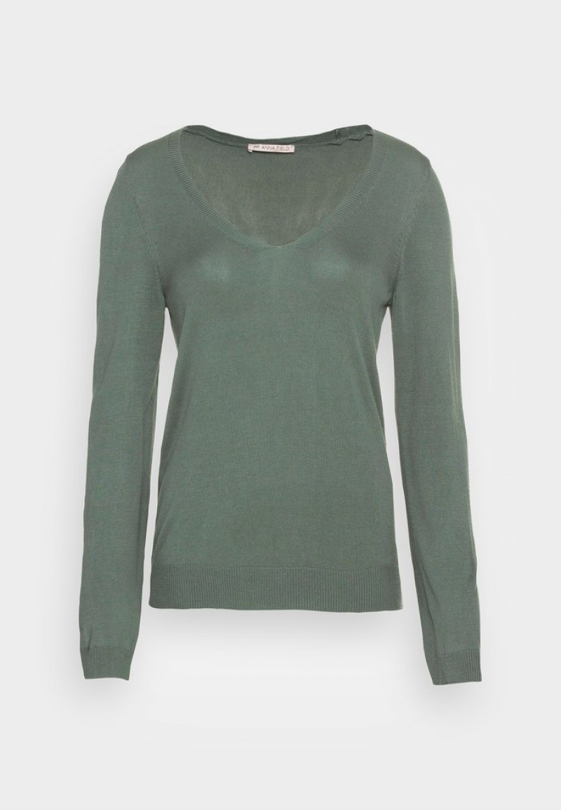 Anna Field Best Pirce Open V Neck Jumper Pullover Dame Grønn | NO-RQOCI-7264