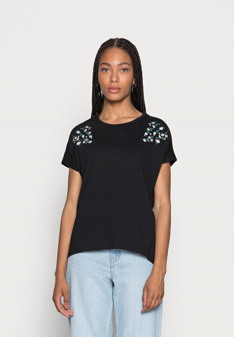 Anna Field Budget Mandala Ditsy Flower Shoulder Tee Print T-Skjorte Dame Svarte | NO-LGVHE-5096