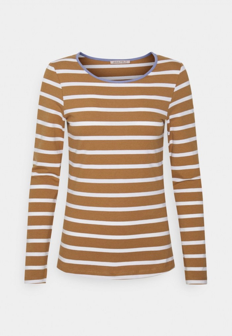 Anna Field Budget Stripey Contrast Langermet Dame Brune | NO-IEFHU-8540