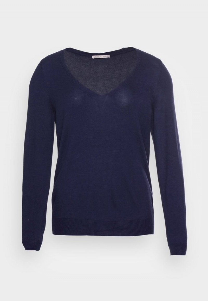 Anna Field Discount Open V Neck Jumper Pullover Dame Mørke Blå | NO-YHIOF-6417