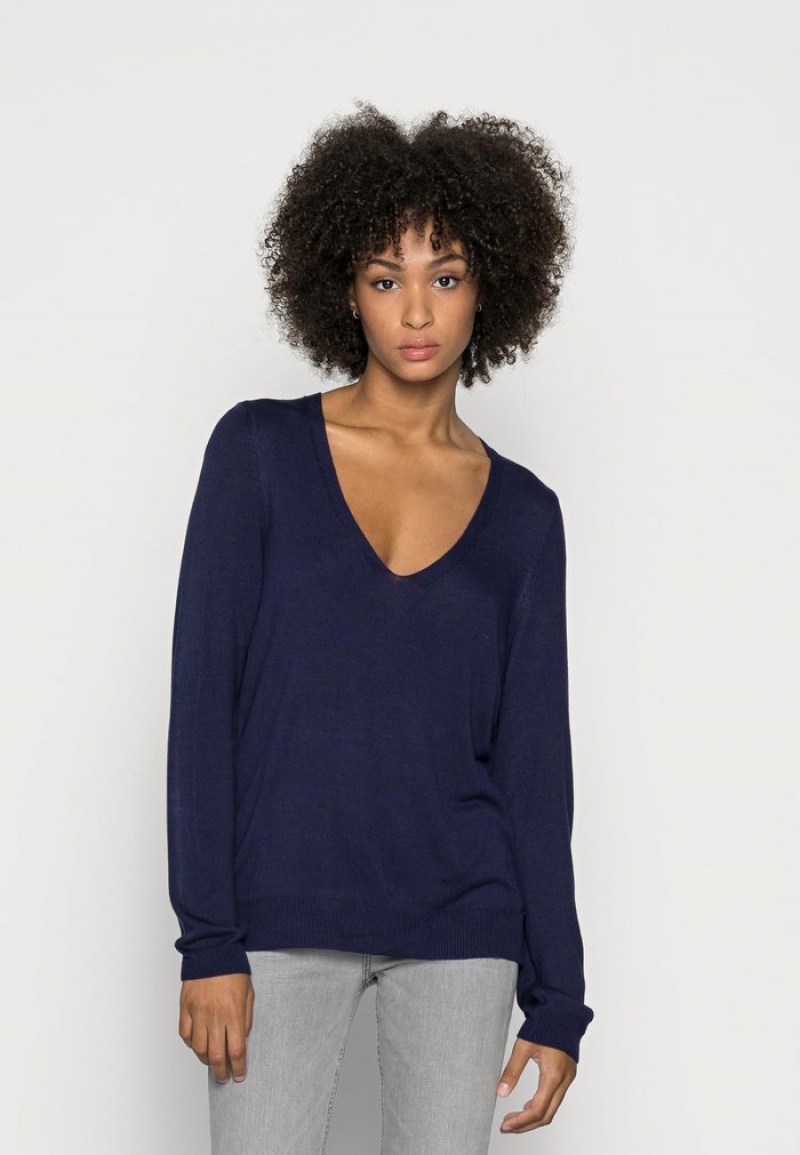 Anna Field Discount Open V Neck Jumper Pullover Dame Mørke Blå | NO-YHIOF-6417