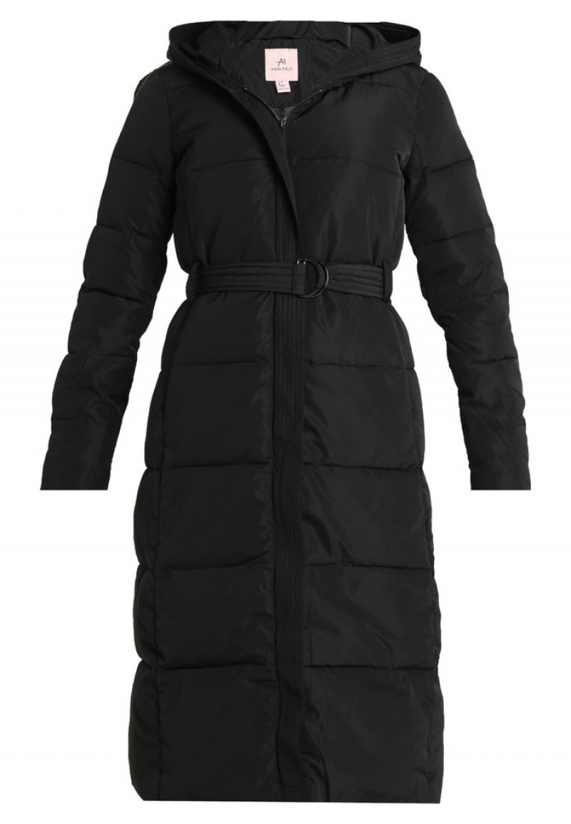 Anna Field Outlet Long Coat With Hood Vinter Frakk Dame Svarte | NO-PVOWZ-0129