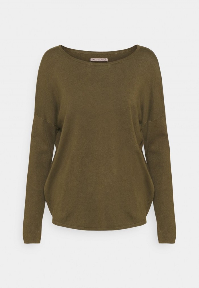 Anna Field Promo Relaxed Båt Neck Jumper Pullover Dame Olivengrønne | NO-ZFBUA-5620