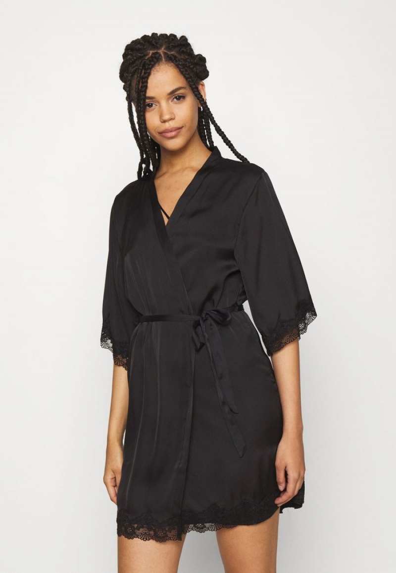 Anna Field Wholesale Ariana Satin Kimono Kjoler Gown Bathrobe Dame Svarte | NO-AMWTH-8965