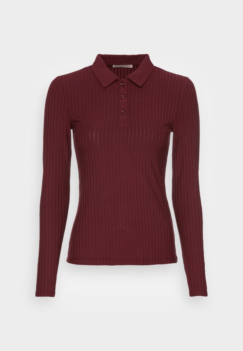 Anna Field Wholesale Ribbet Polo Langermet Dame Mørke Rød | NO-NVDRY-4780